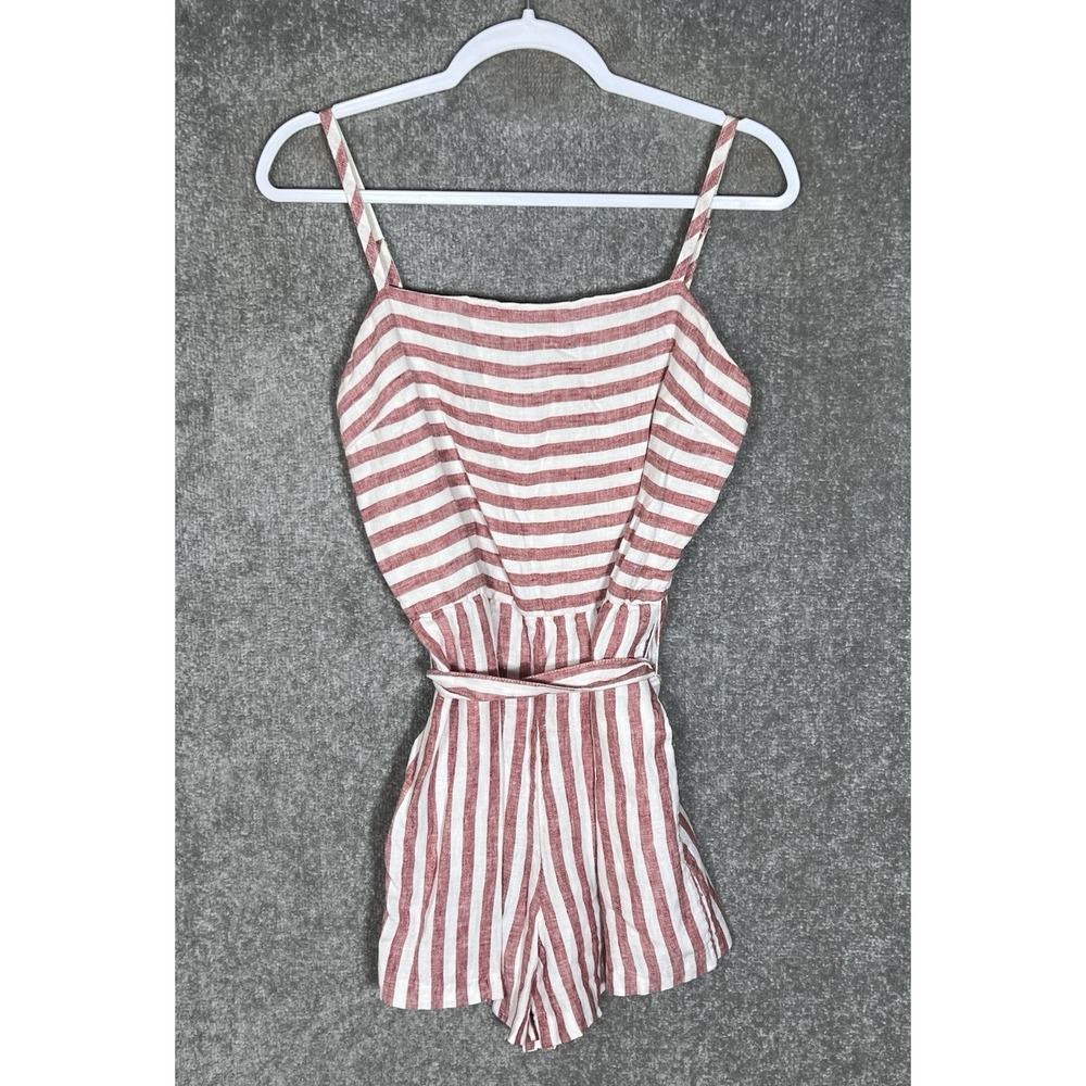 C&C California Linen Romper Womens Sz 10 Red White Stripe Pockets Beachy Coastal